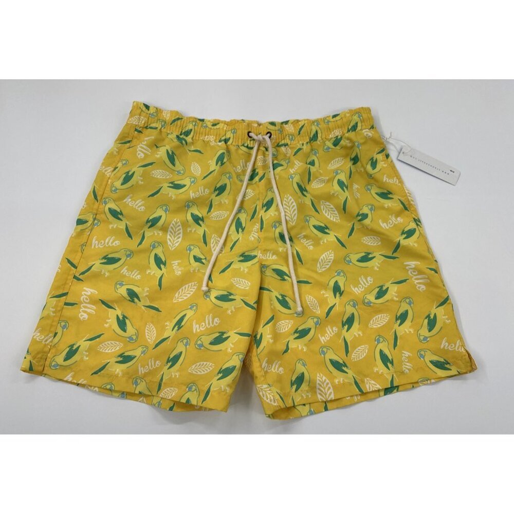 Strong Boalt Swim Trunks Mens XL Yellow Parrots Tropical Drawstring Beach 7" NEW